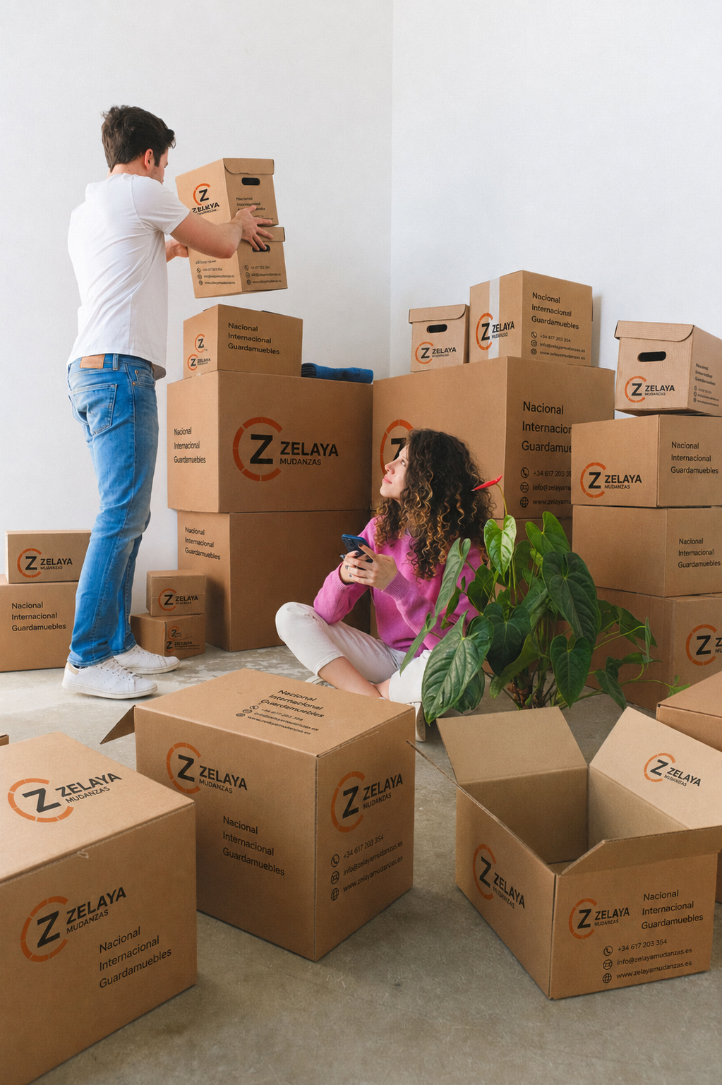 Equipo Zelaya Mudanzas preparando cajas para una mudanza