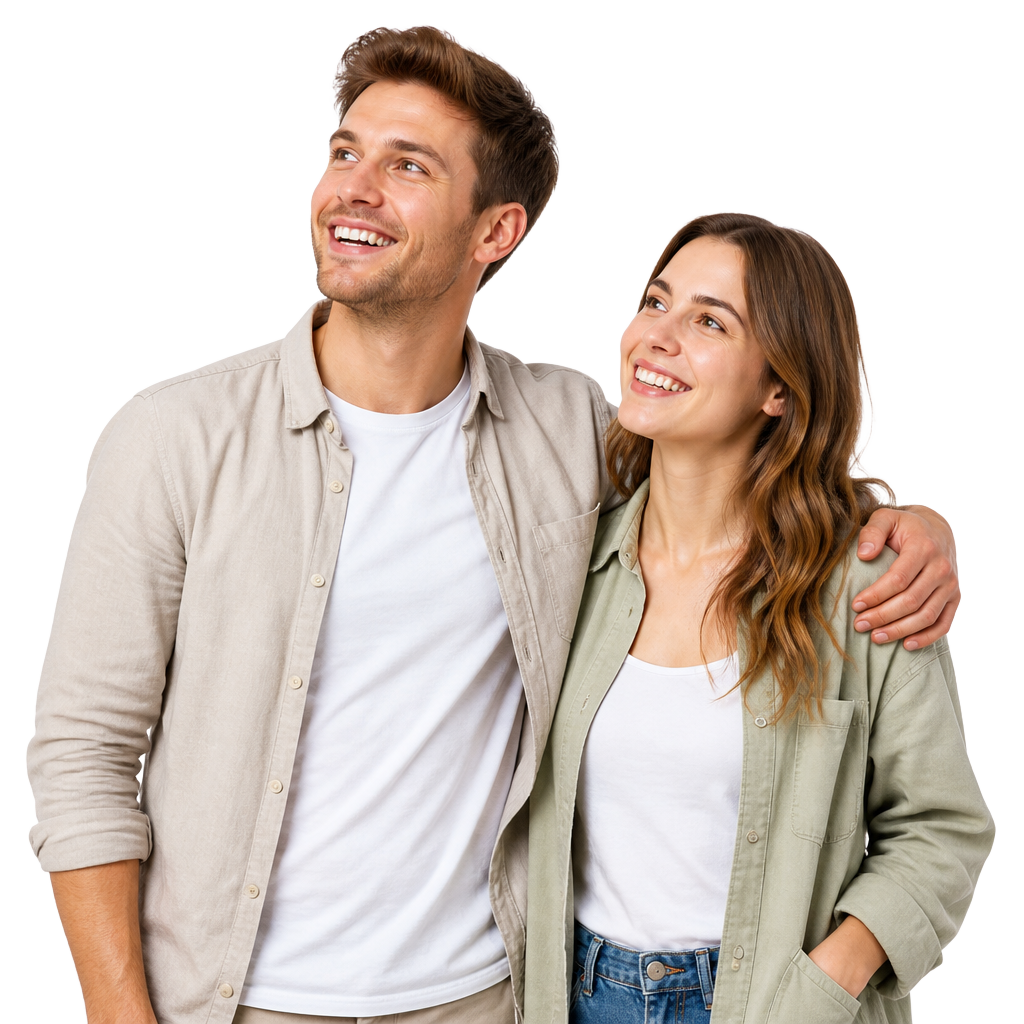 Pareja feliz en su nueva casa mirando hacia el sello de valoraciones de Google