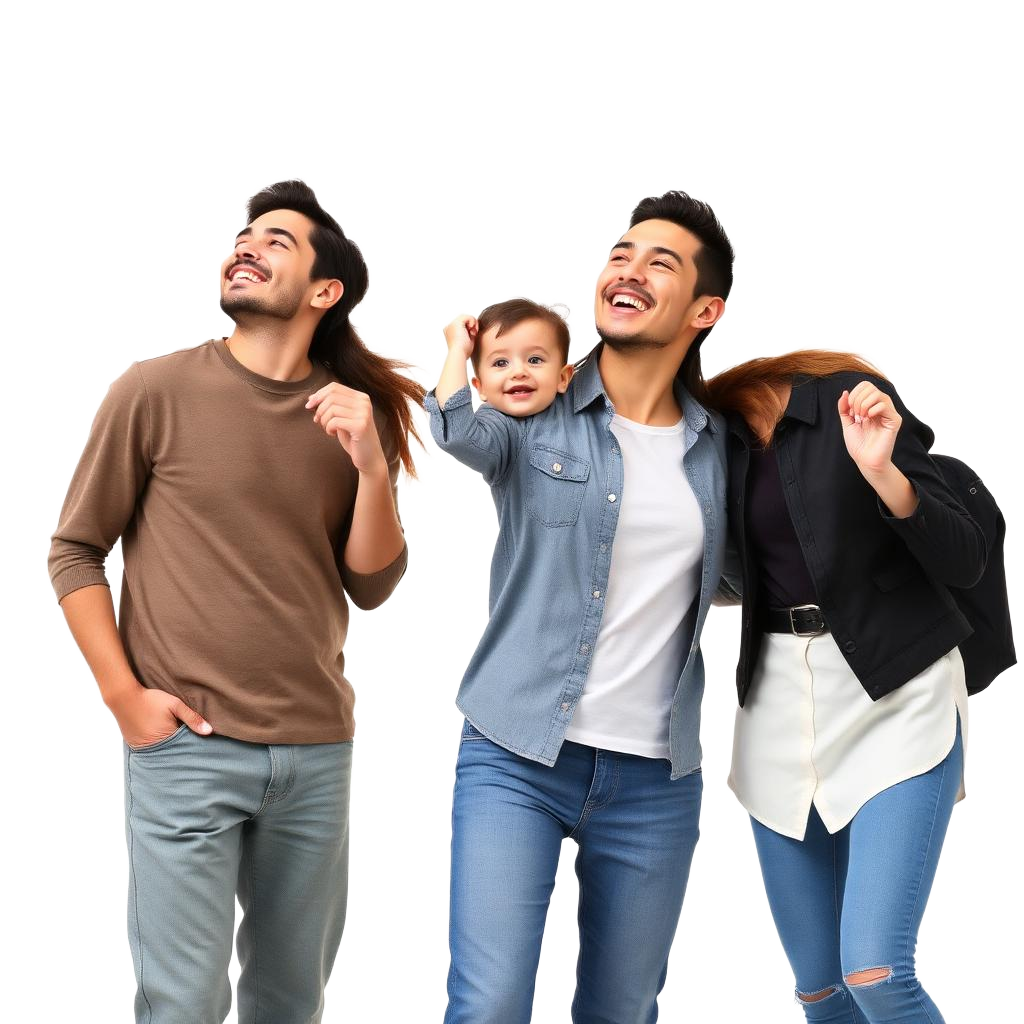 Familia feliz en su nueva vivienda de Las Tablas mirando hacia el sello de valoraciones de Google